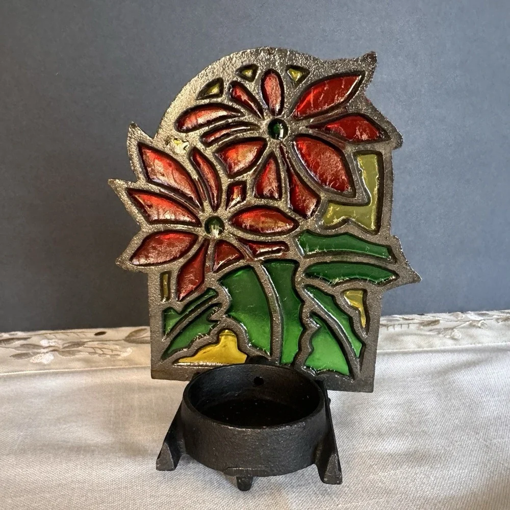 Vintage Tiffany Style Poinsettia Stained Glass Cast Iron Candle Votive Holder